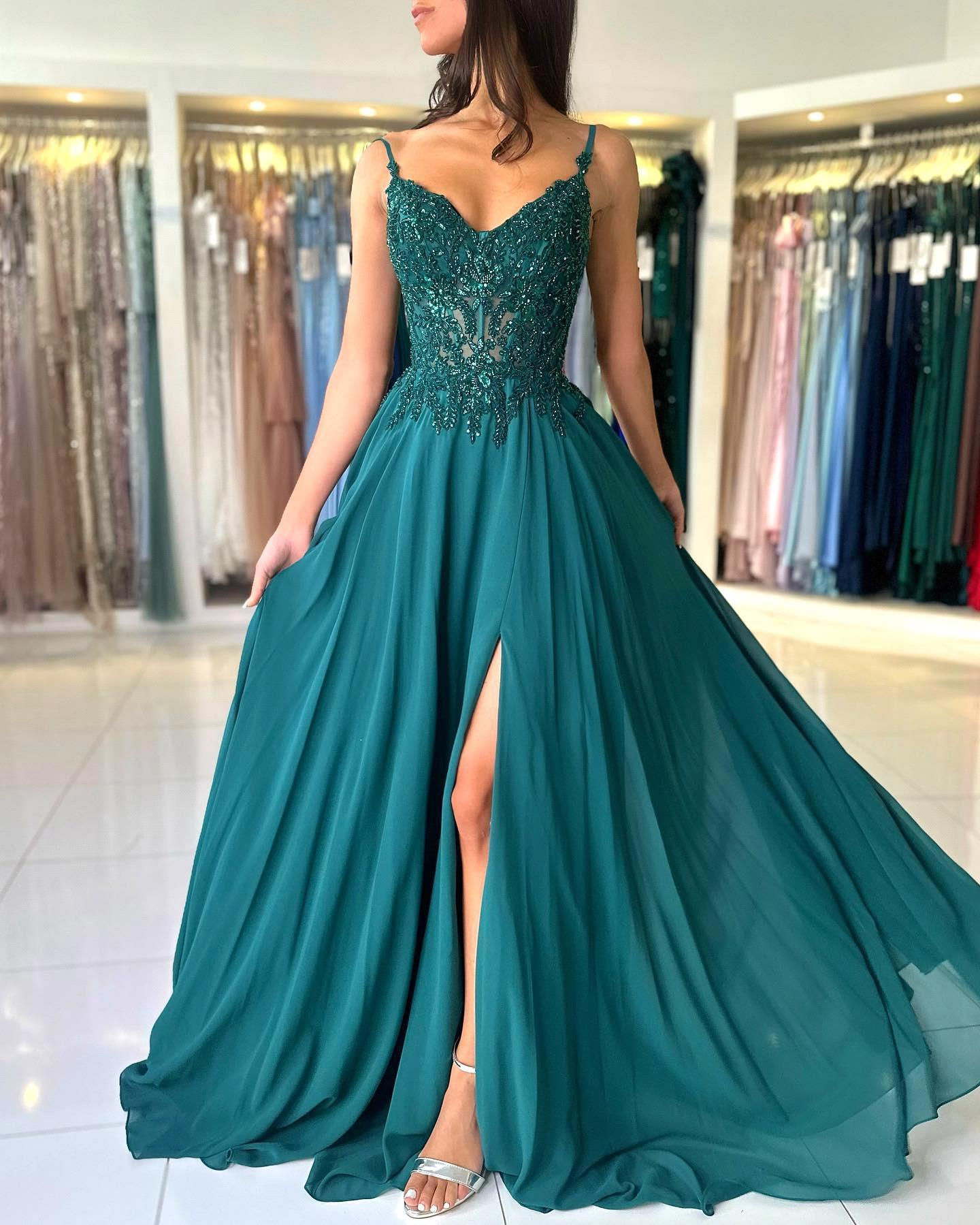 Green Chiffon Evening Dress Women Elegant Applique Suspenders Deep V-neck Backle