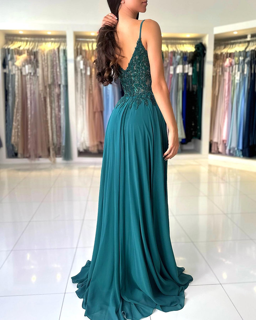 Thumbnail: Green Chiffon Evening Dress Women Elegant Applique Suspenders Deep V-neck Backle