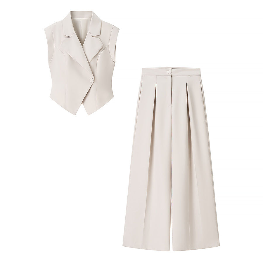 2 Pcs Women Chic Pants Suit Casual Turn-down Collar Slim Top+ Zipper Waist-droop