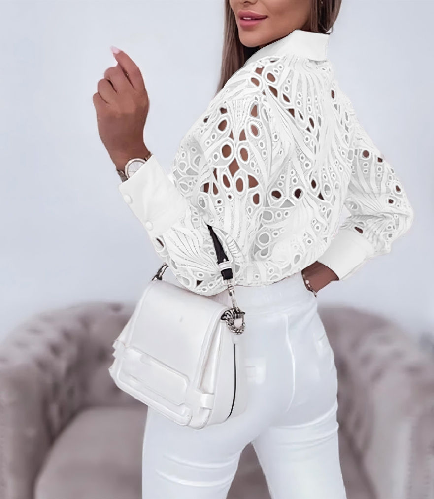 Thumbnail: Women's Blouses Hollowed Out Long Sleeved Shirt Casual Solid Button Up With Lape