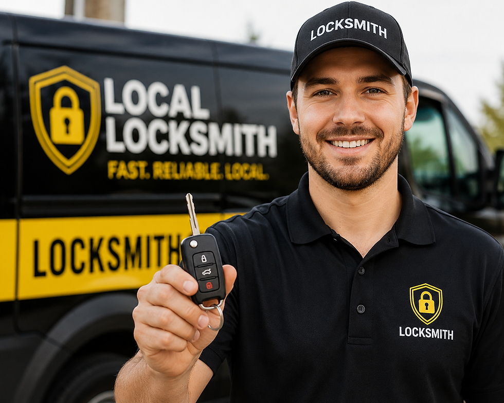 Smiling locksmith in black cap and polo holds a car key fob in front of a LOCAL LOCKSMITH van.