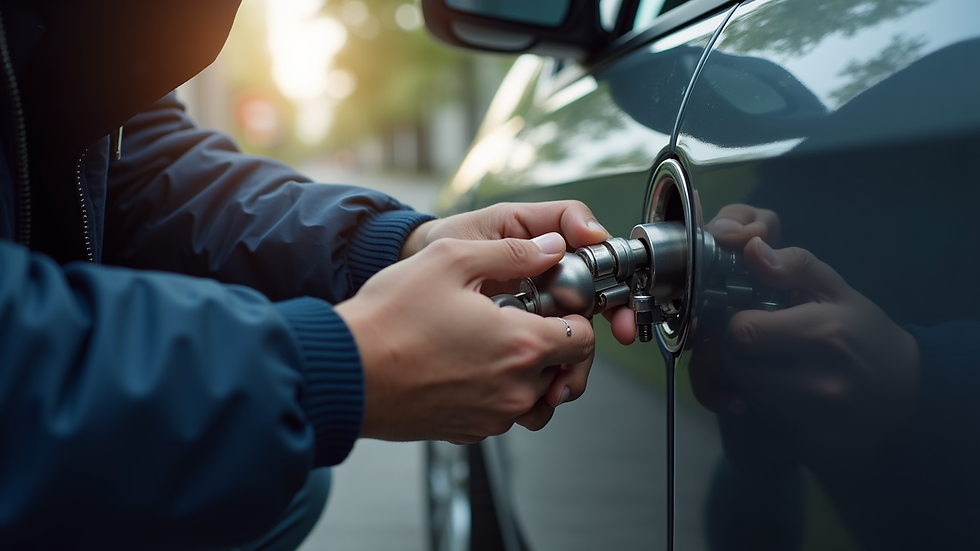 Close-up view of a locksmith working on a car door lock