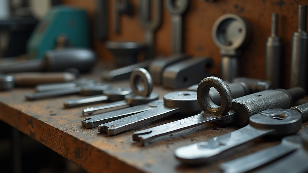 Close-up view of locksmith tools arranged on a workbench