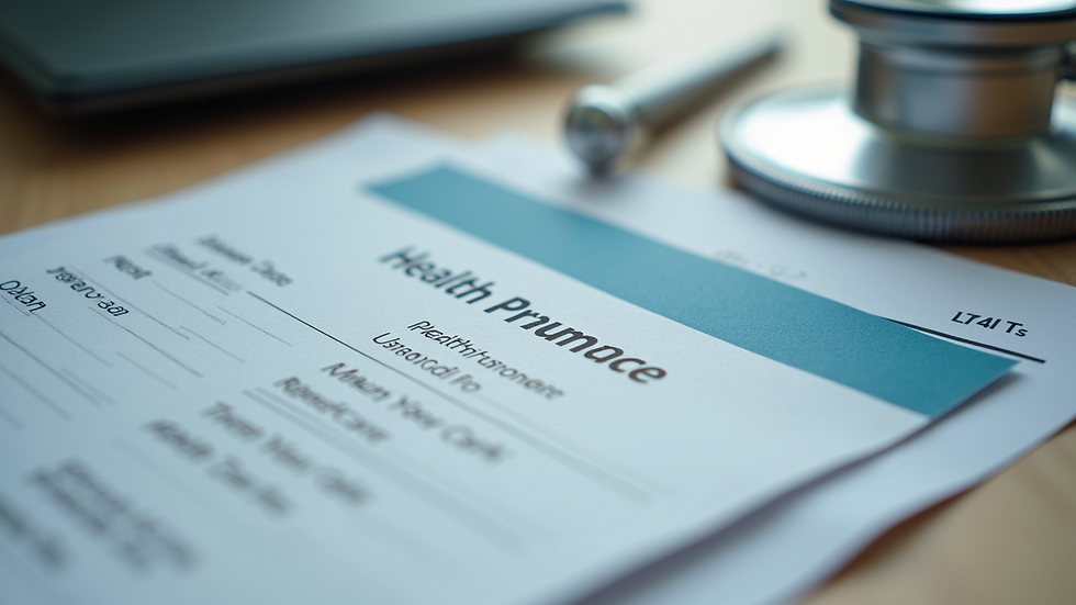 Close-up of a health insurance card and medical bills on a table