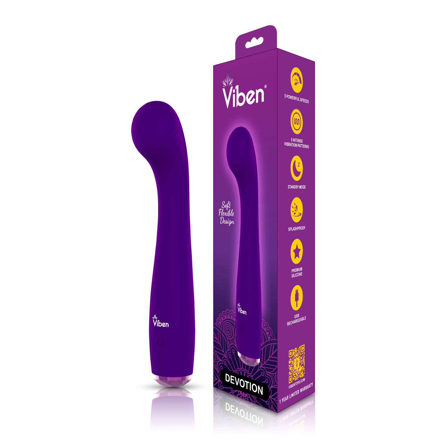 Purple Viben Devotion G Spot Massager and product box.