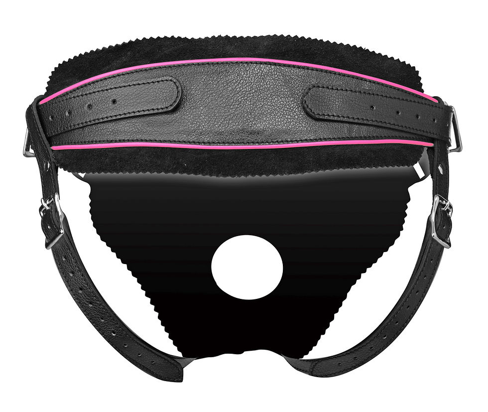 Black low rise strap on harness with pink trim