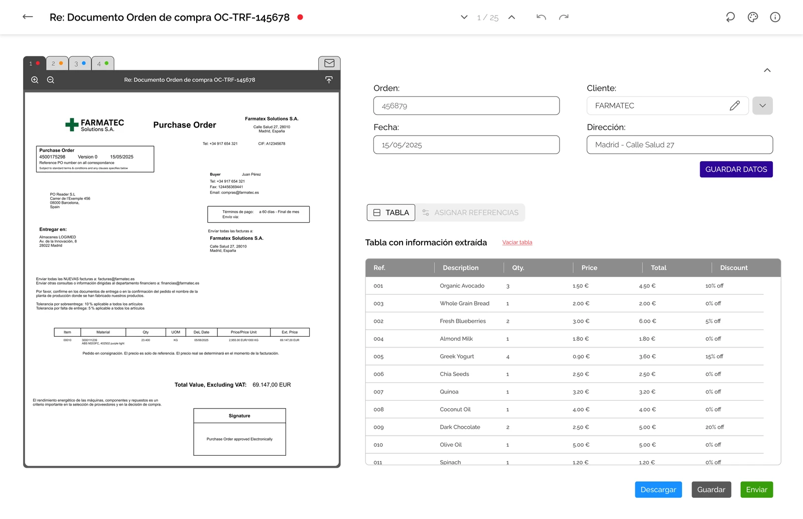 Pantalla de revisión de PO Reader: a la izquierda el documento original en PDF y a la derecha los datos extraídos listos para enviar al ERP