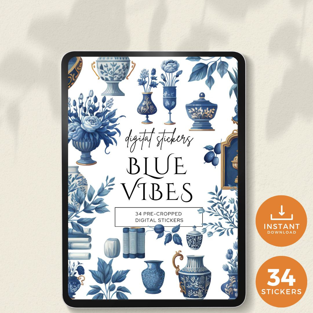 pastel watercolor digital stickers in shades of blue. Antique vases, sophisticated items, plants, decorative pieces