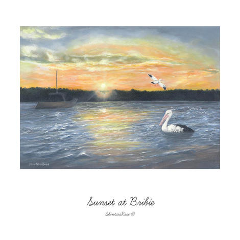 Sunset seascape, pelicans and boats acrylic fine art painting