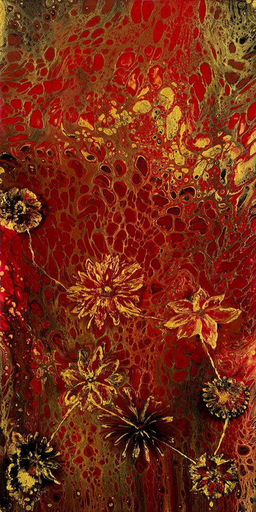 fluid art floral gold reds black