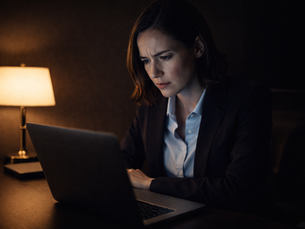 A lawyer frowns at a laptop screen in a dimly lit office, caught between the warm glow of a desk lamp and the cool light of the screen.