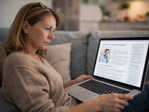 Patient reading medical information on a tablet at home, illustrating how written health content is interpreted outside of clinical settings.