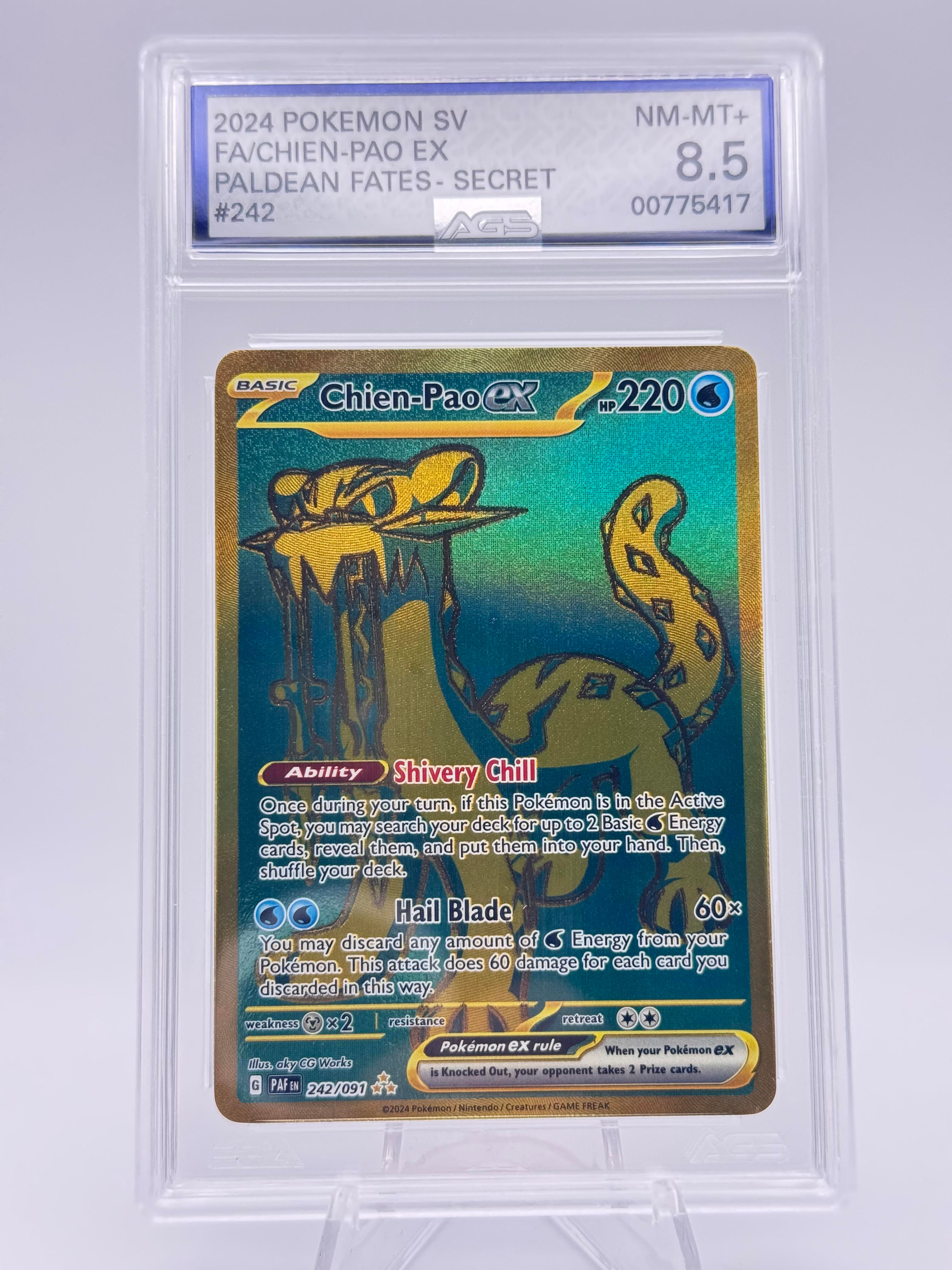 Graded AGS 8.5 Chien-Pao EX 2024 Paldean Fates 242 Holographic Pokemon Card