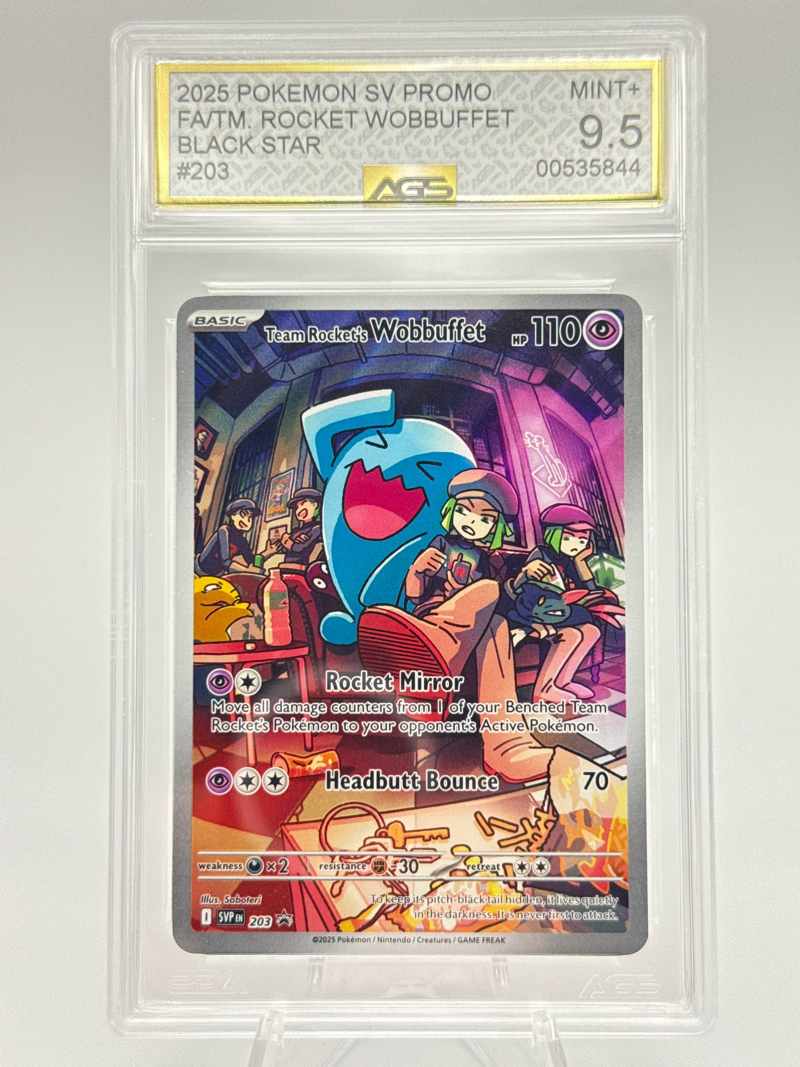 Graded AGS 9.5 Team Rocket Wobbuffet 2025 Promo 203 Holographic Pokemon Card