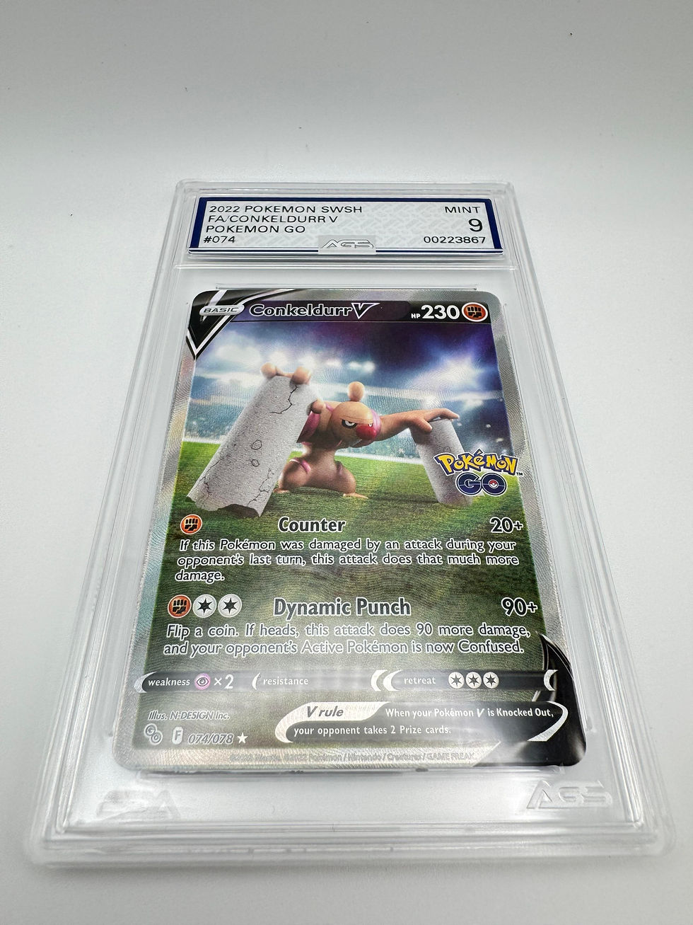 Thumbnail: Graded AGS 9 Conkeldurr V 2022 Poemon GO 074 Holographic Pokemon Card