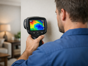 Technician using a thermal imaging camera to detect hidden moisture inside a residential wall.