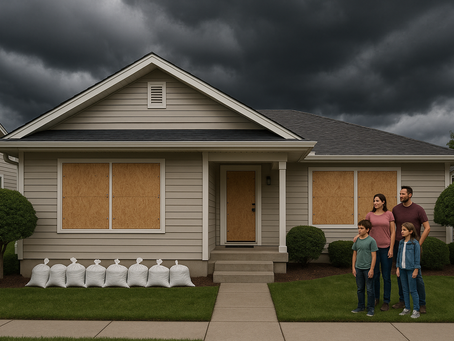 A suburban family stands outside their storm-prepared home with boarded windows and sandbags, under dark storm clouds, showing readiness for severe weather