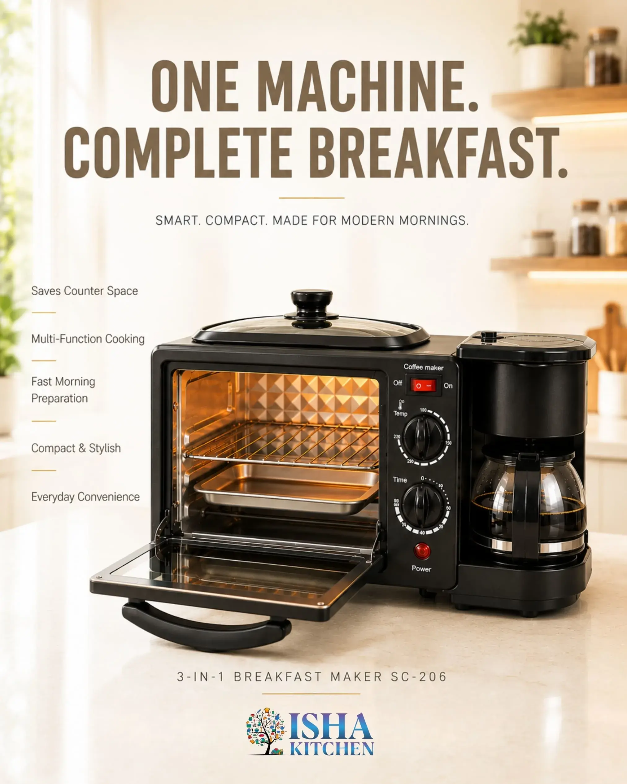 Breakfast Maker 3-in-1 with OTG, Coffee Maker & Top Grill Pan SC-206 9L