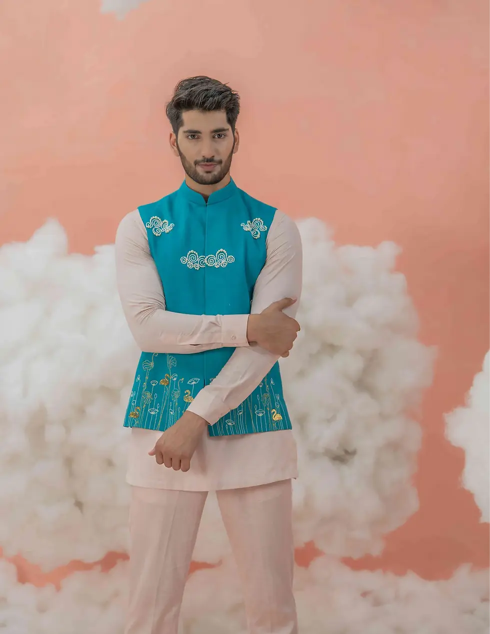 Thumbnail: Flamingo in Clouds Bundi / Nehru Jacket only