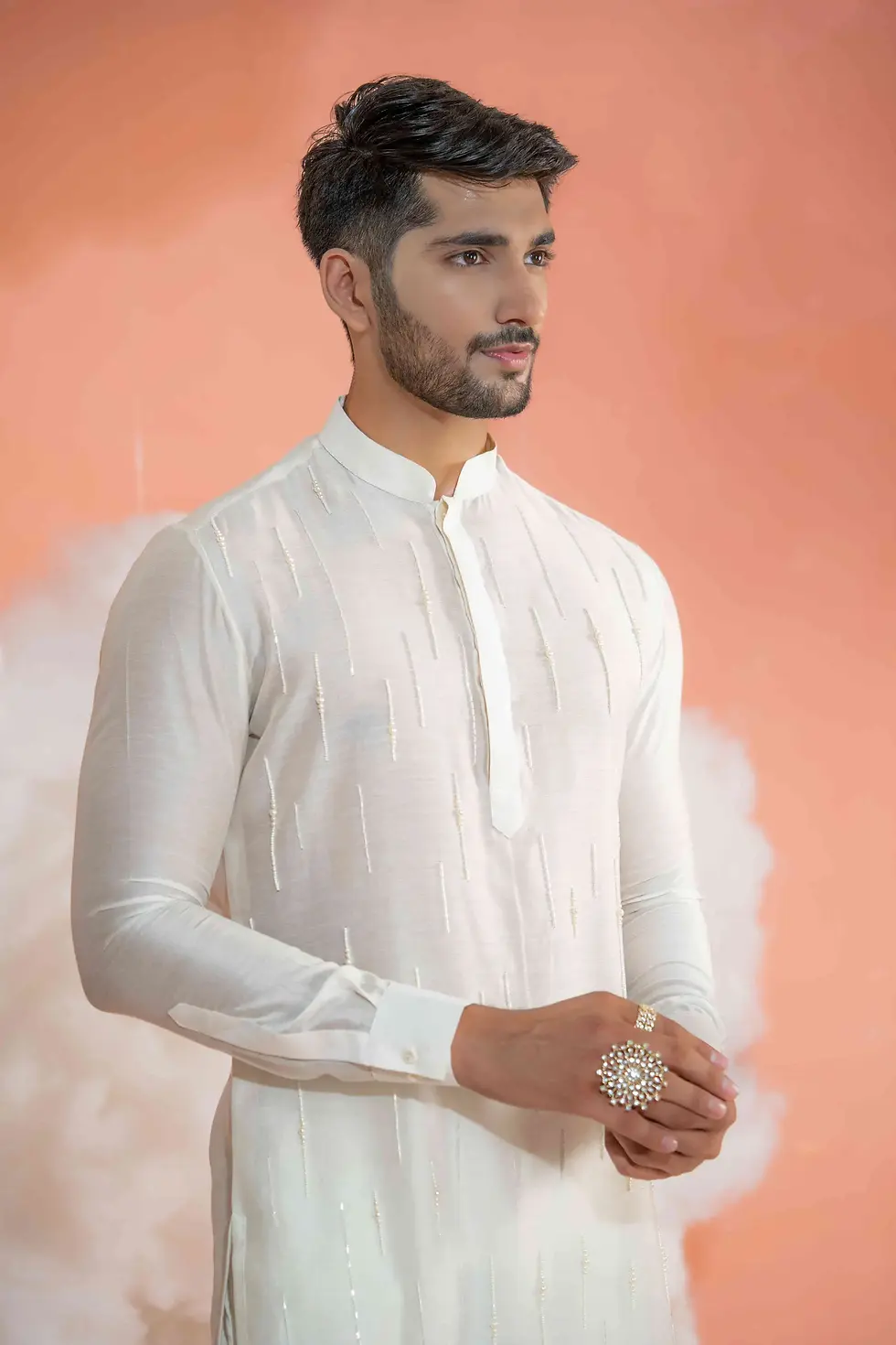 Thumbnail: Ivory Fall Pipe Long Kurta set