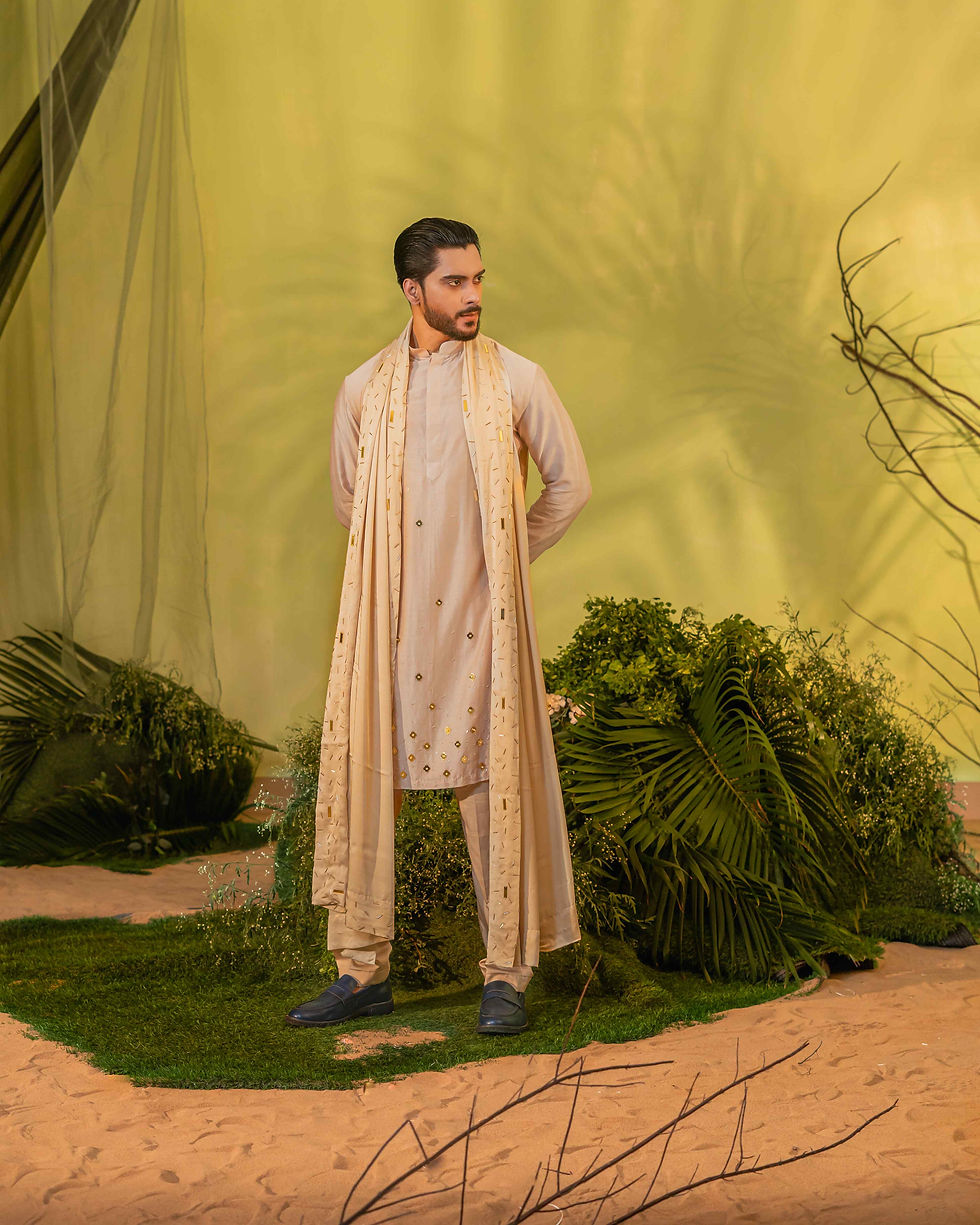 Thumbnail: Peach Gold Chheta Long Kurta set
