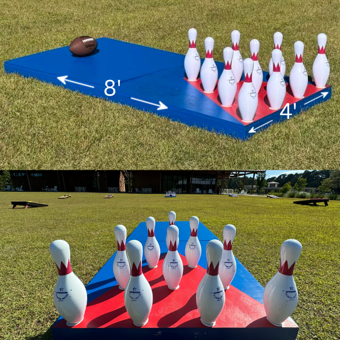 Combine cornhole, football, and bowling!! This game/party rental includes 8' boards, real bowling pins, and 2 official size footballs. For ultimate fun, book with us today!