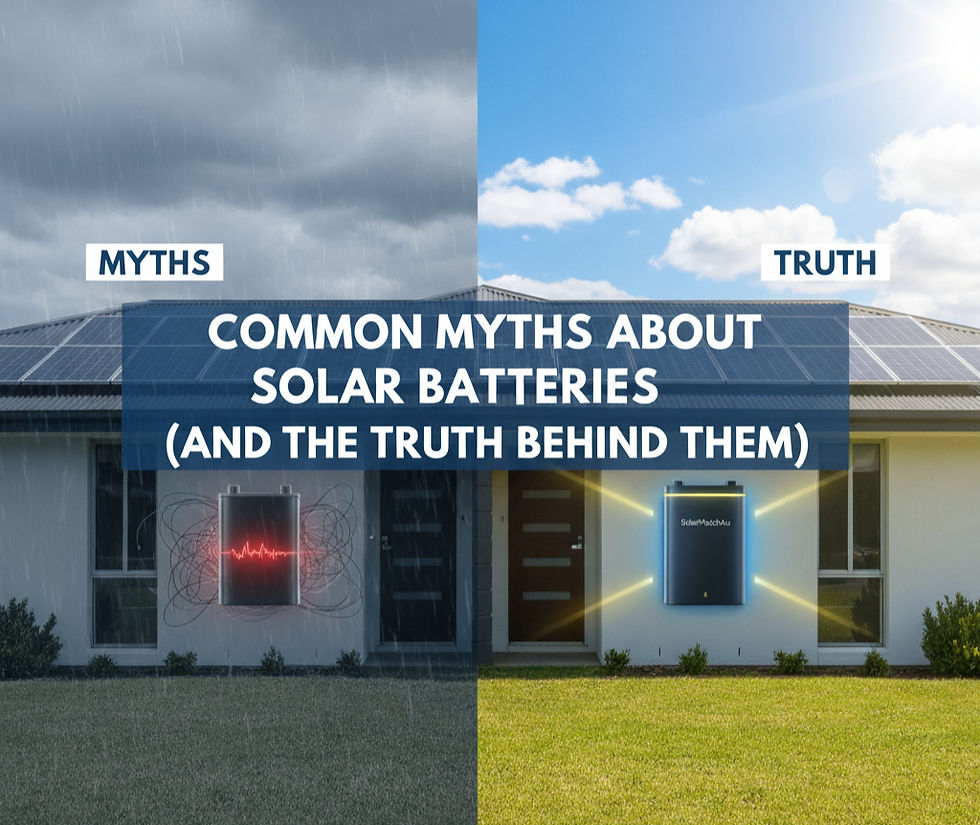 Modern Australian home with solar panels and battery system, illustrating the difference between myths and truths about solar batteries — one side dim and unclear for myths, the other bright and clear for truths