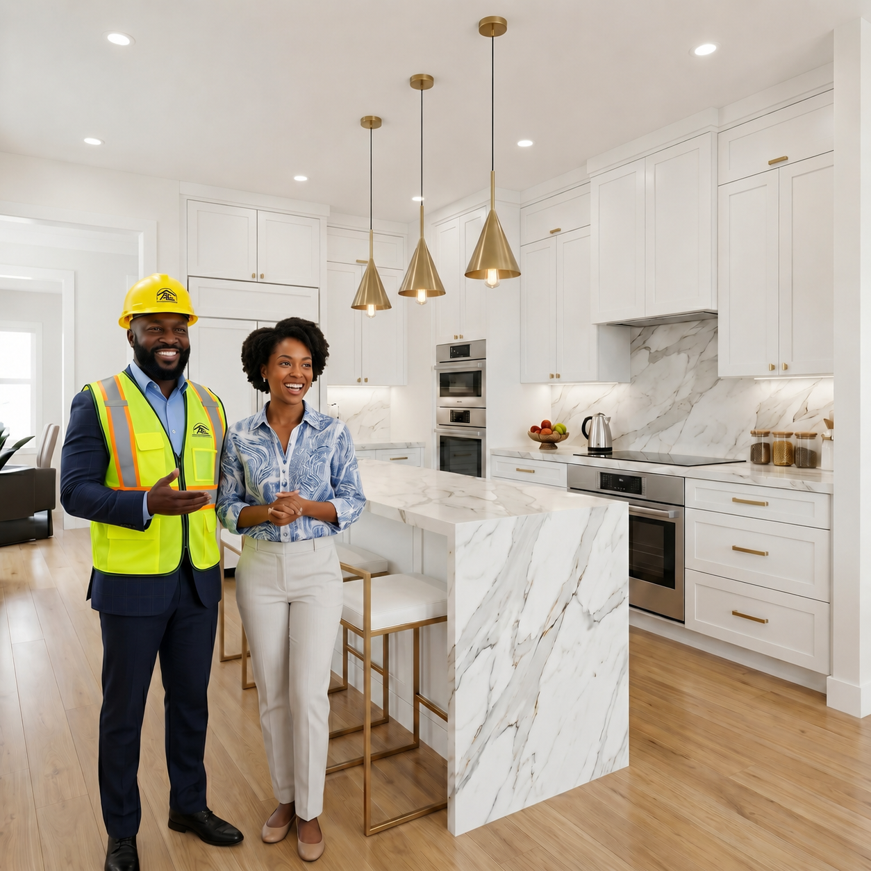 AE Construction Group contractor and homeowner standing in a modern white kitchen remodeling project in Lehigh Acres, Florida.