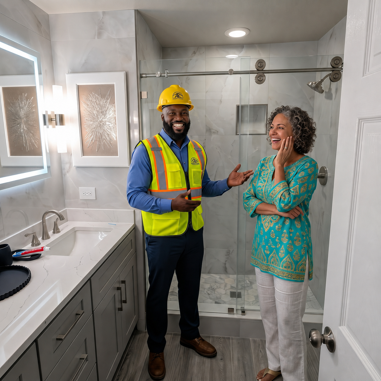 AE Construction Group contractor discussing a completed bathroom remodeling project with a homeowner in Lehigh Acres, Florida.