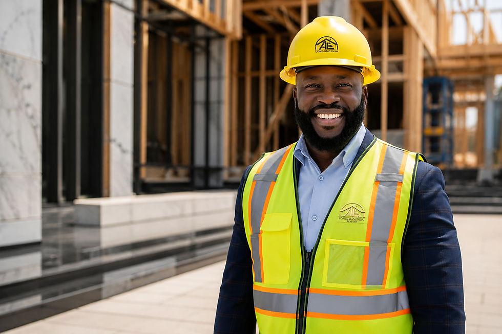 AE Construction Group general contractor wearing a safety vest and hard hat at a residential construction project in Lehigh Acres, Florida.