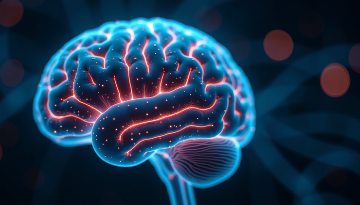 Vista a nivel de ojo de un cerebro iluminado con conexiones neuronales destacadas