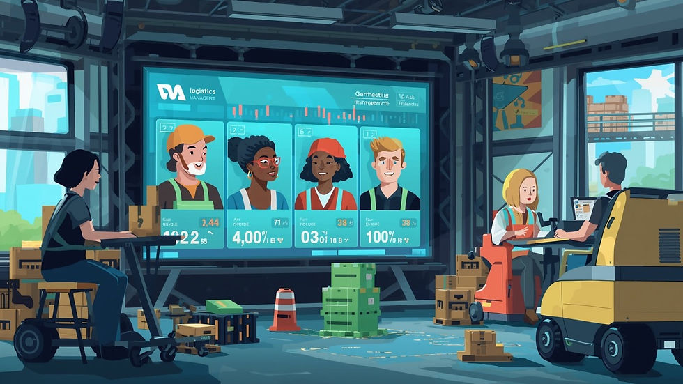 Ilustração de um armazém moderno com trabalhadores e empilhadeira em operação. Um grande painel digital mostra dados de desempenho logístico com fotos de funcionários e métricas em tempo real.