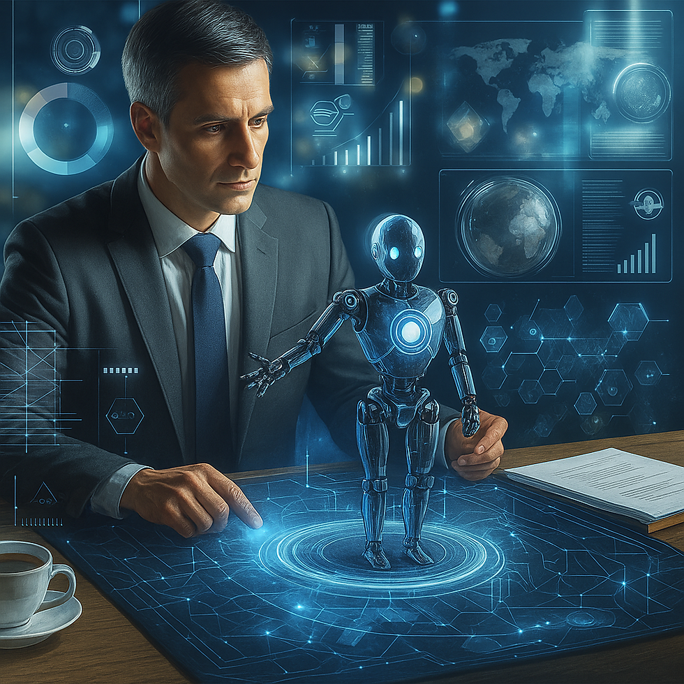A imagem retrata um executivo observando atentamente um robô humanoide projetado como holograma sobre a mesa. O cenário é futurista, com elementos digitais flutuantes como gráficos, mapas e dados, sugerindo um ambiente de alta tecnologia voltado à inteligência artificial e análise de dados. A iluminação azulada reforça a atmosfera inovadora e high-tech.