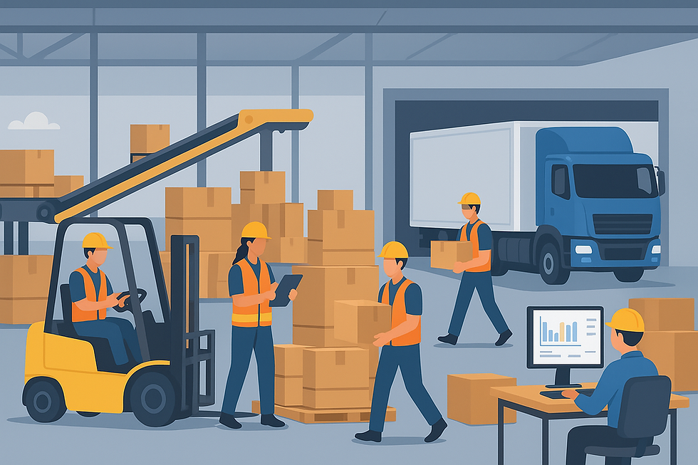 imagem ilustrativa do setor logistico, com empilhadeiras, caixas, trabalhadores, ônibus