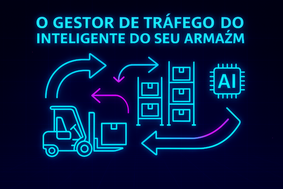 Gráfico futurista em neon mostrando o que a gestor de tráfego perfeito para o Picking By Light é a IA em ação: as setas indicam a relação e o balanceamento em tempo real
