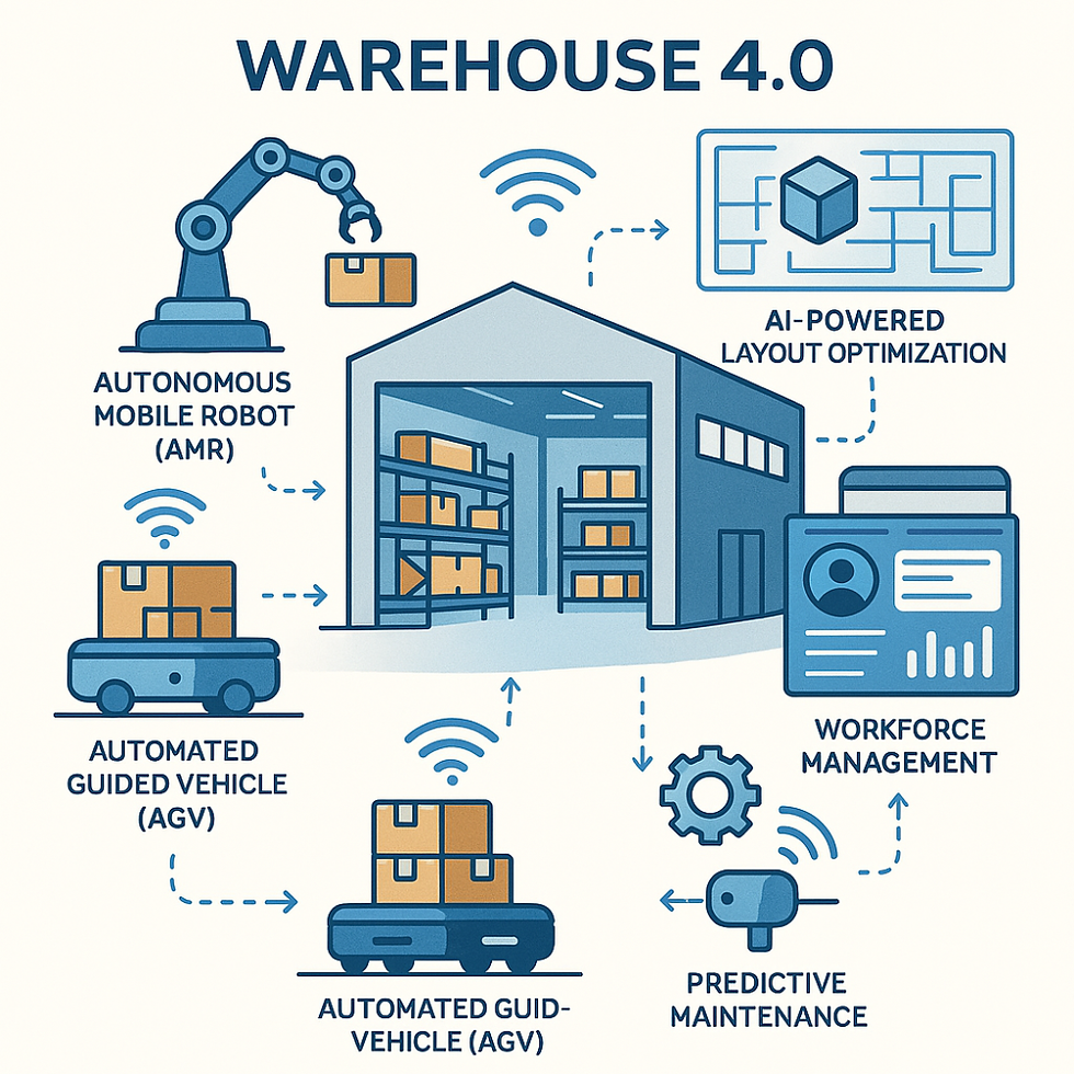 Infográfico sobre Warehouse 4.0, destacando automação e inteligência artificial em armazéns: robôs móveis autônomos (AMR), veículos guiados automatizados (AGV), manutenção preditiva, otimização de layout com IA e gestão de força de trabalho