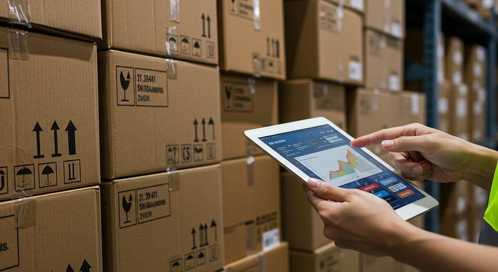 Foto gerada por ia de uma mão segurando um tablet com informações em um estoque com muitas caixas