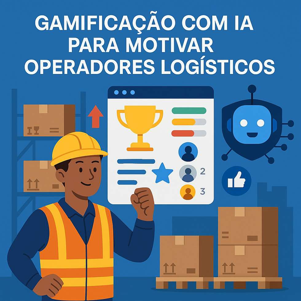 Ilustração de um operador logístico sorridente usando colete e capacete de segurança. Ao lado, uma tela com troféu, ranking e ícones de gamificação, acompanhada de um robô com rosto amigável, representando inteligência artificial.
