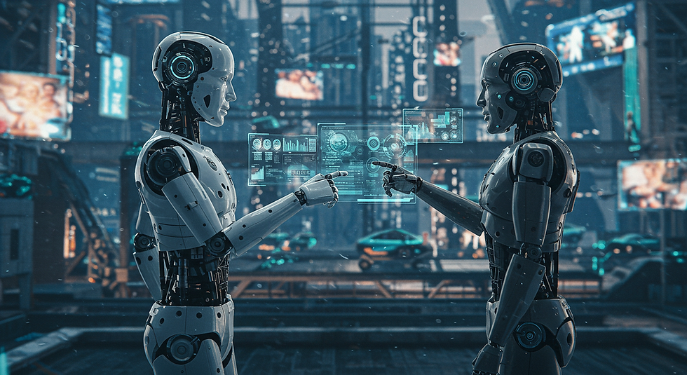 Imagem gerada por IA com dois robôs trocando informações tecnológicas com um fundo totalmente futurista