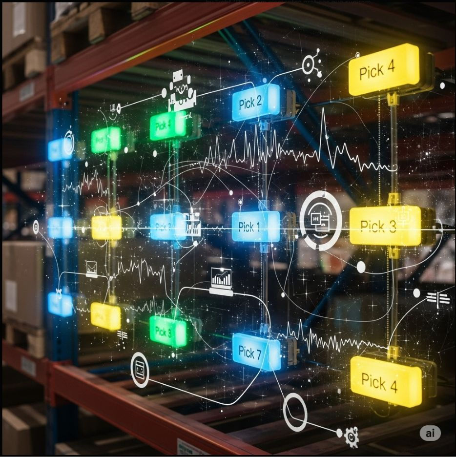 A imagem mostra um sistema de Picking by Light (PbL) moderno, instalado em prateleiras de um armazém. Pequenos displays iluminados em cores como amarelo, azul, verde e ciano indicam diferentes posições de coleta, identificadas por rótulos como “Pick 1”, “Pick 2”, “Pick 3” etc. Sobre a cena física, há uma camada gráfica digital com elementos futuristas — gráficos de desempenho, ícones de tecnologia, conexões em rede e linhas que remetem a dados em tempo real — transmitindo a ideia de integração entre o PbL e Inteligência Artificial. Esse visual simboliza um ambiente de logística avançada, onde sensores, algoritmos e automação trabalham juntos para aumentar a precisão, otimizar rotas de picking e balancear a carga de trabalho dos operadores.