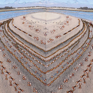 Diane Cadrain , fiber art abstract of a beach scene in neutrals and blues