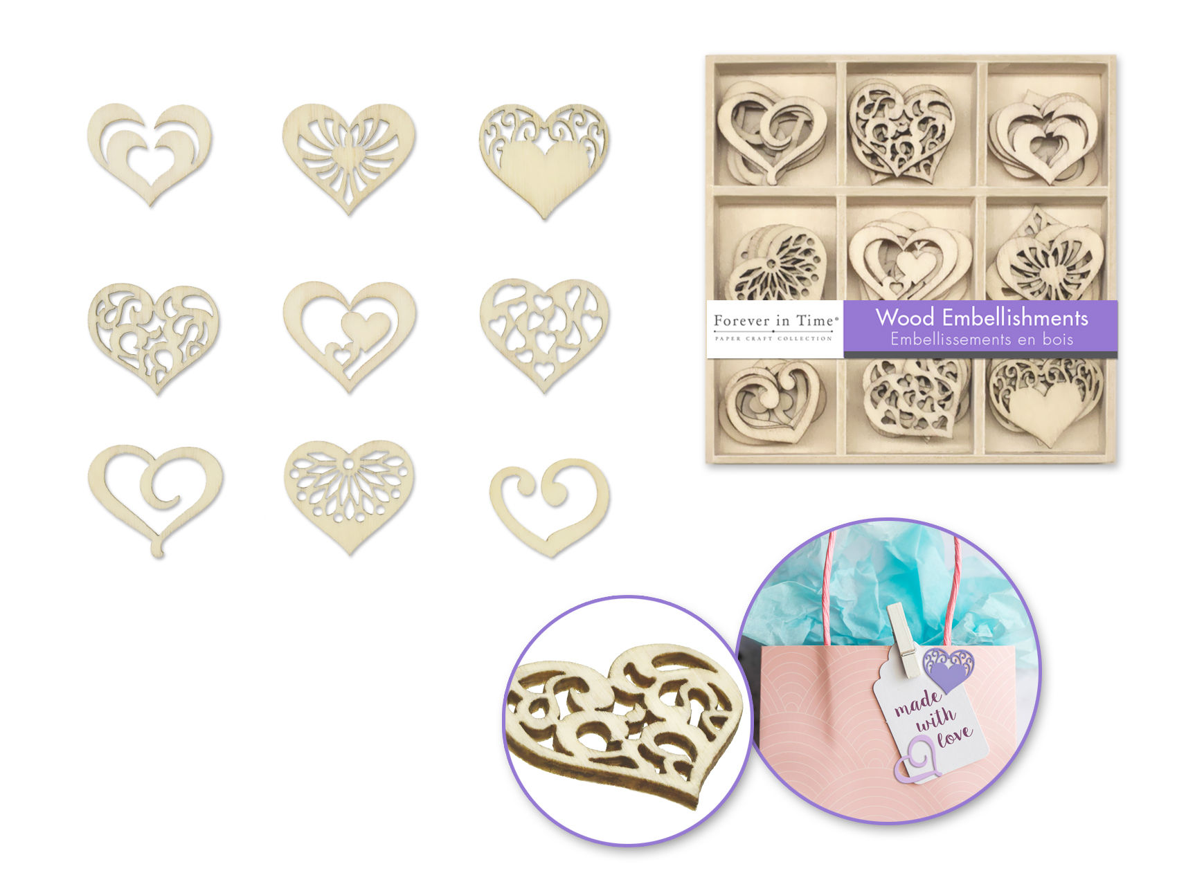 45pc Mini Wood Emb in 9-Comp Box - Hearts