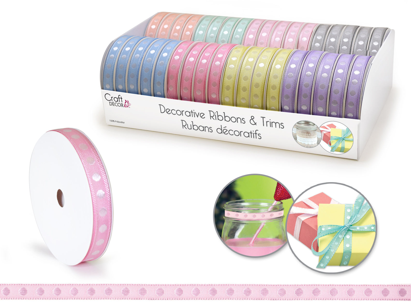 Ribbons/Trims: 3/8" x 4yd Rolls x36 Asst -Dots Pastel