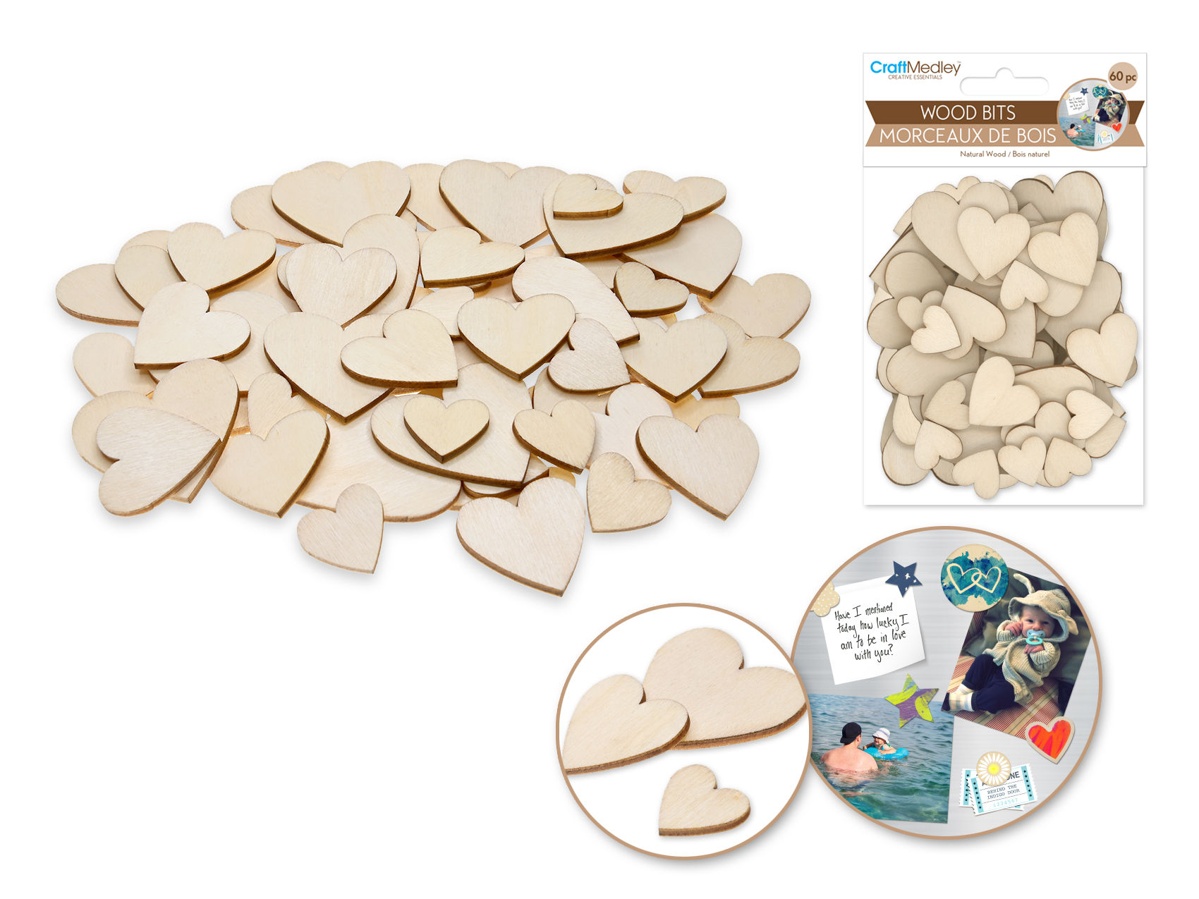 Wood Bits 60pc 1.7mm Asst 3stl -Hearts
