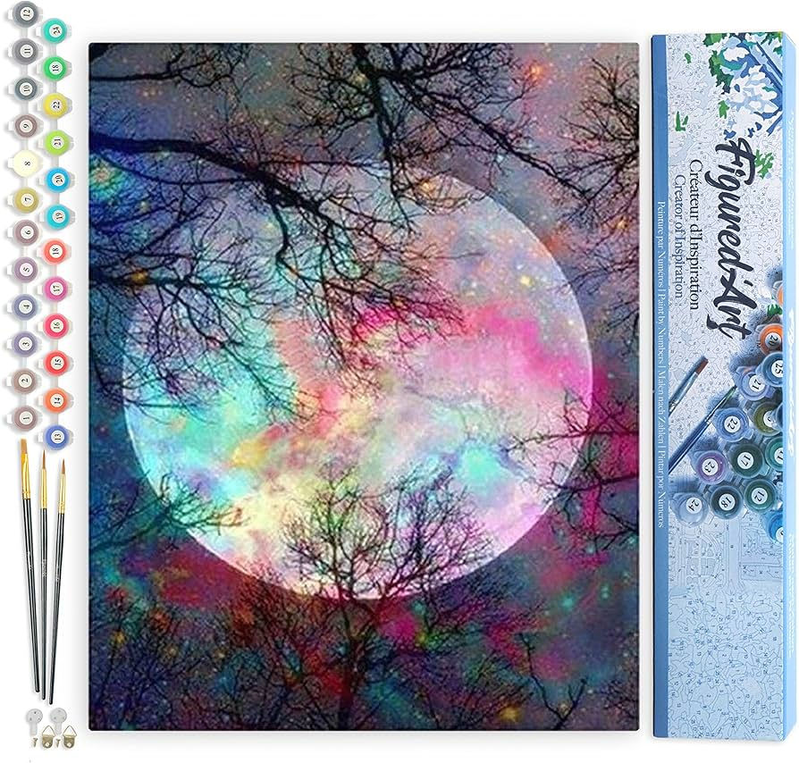 Figured Art Paint by Numbers- Full Moon with Colorful Reflections
