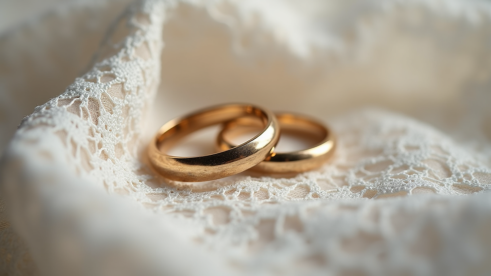 Close-up view of wedding rings resting on a delicate lace fabric