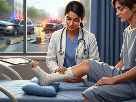Doctor checking a patient’s injured ankle while seated on a hospital bed, car accident scene blurred in the background.