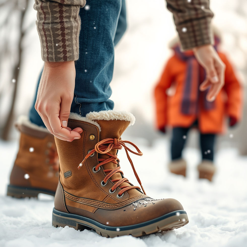 Person lacing up insulated winter boots to prevent cold weather foot pain