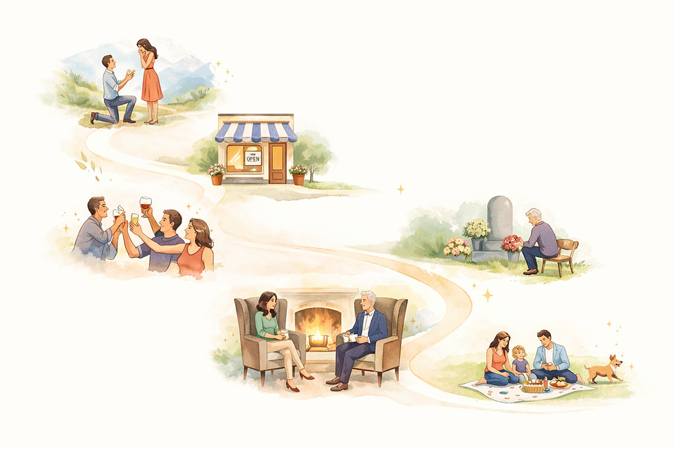 Illustration showing life’s meaningful moments from tender experiences like cemetery visits to joyful celebrations and family gatherings.