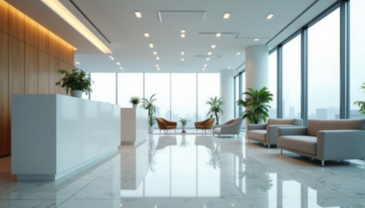 Eye-level view of a freshly cleaned realty office reception area with polished floors and organized desks